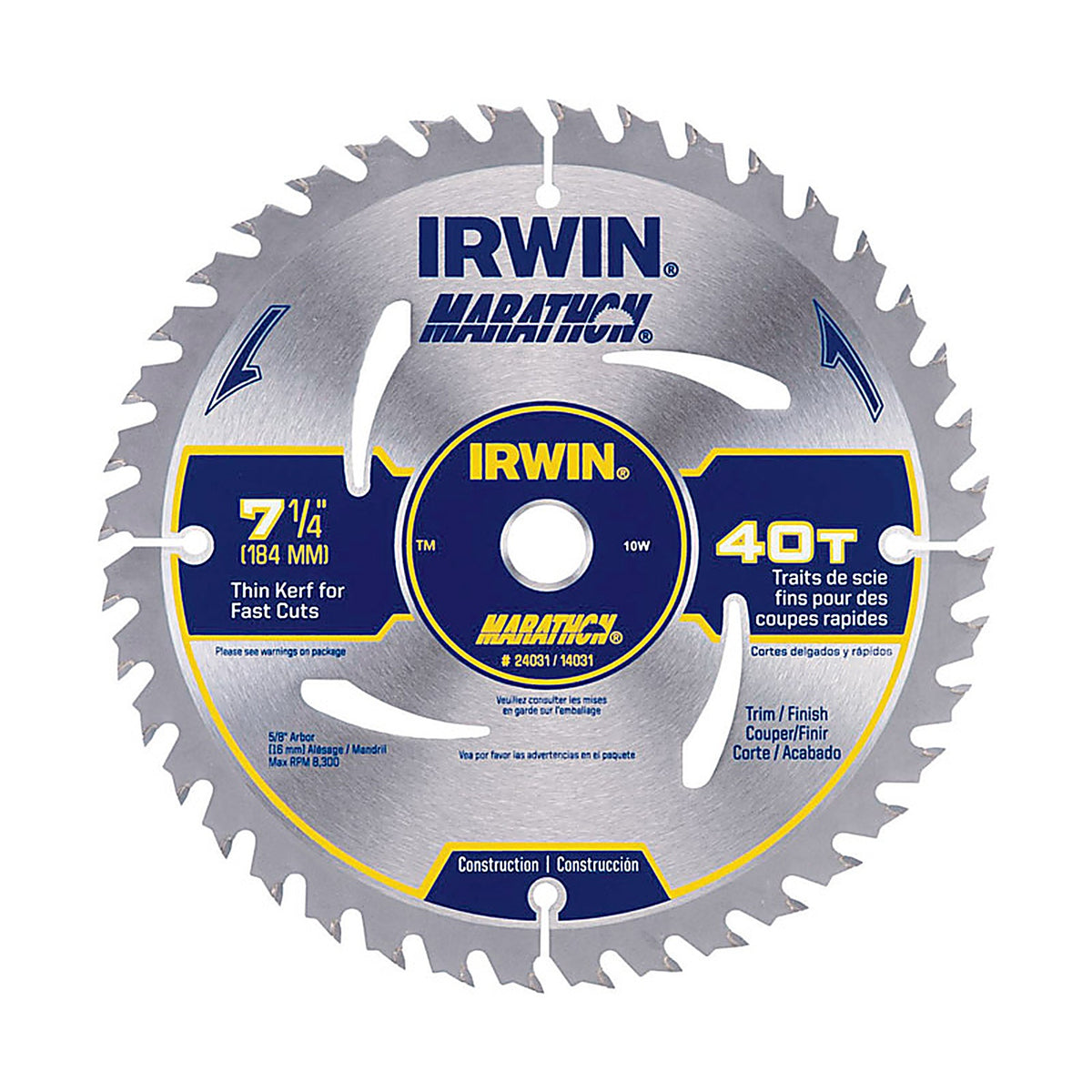 Irwin 14031 Marathon 7-1/4 in. Dia. x 5/8 in. Carbide Circular Saw Blade 40 teeth 1/Pack