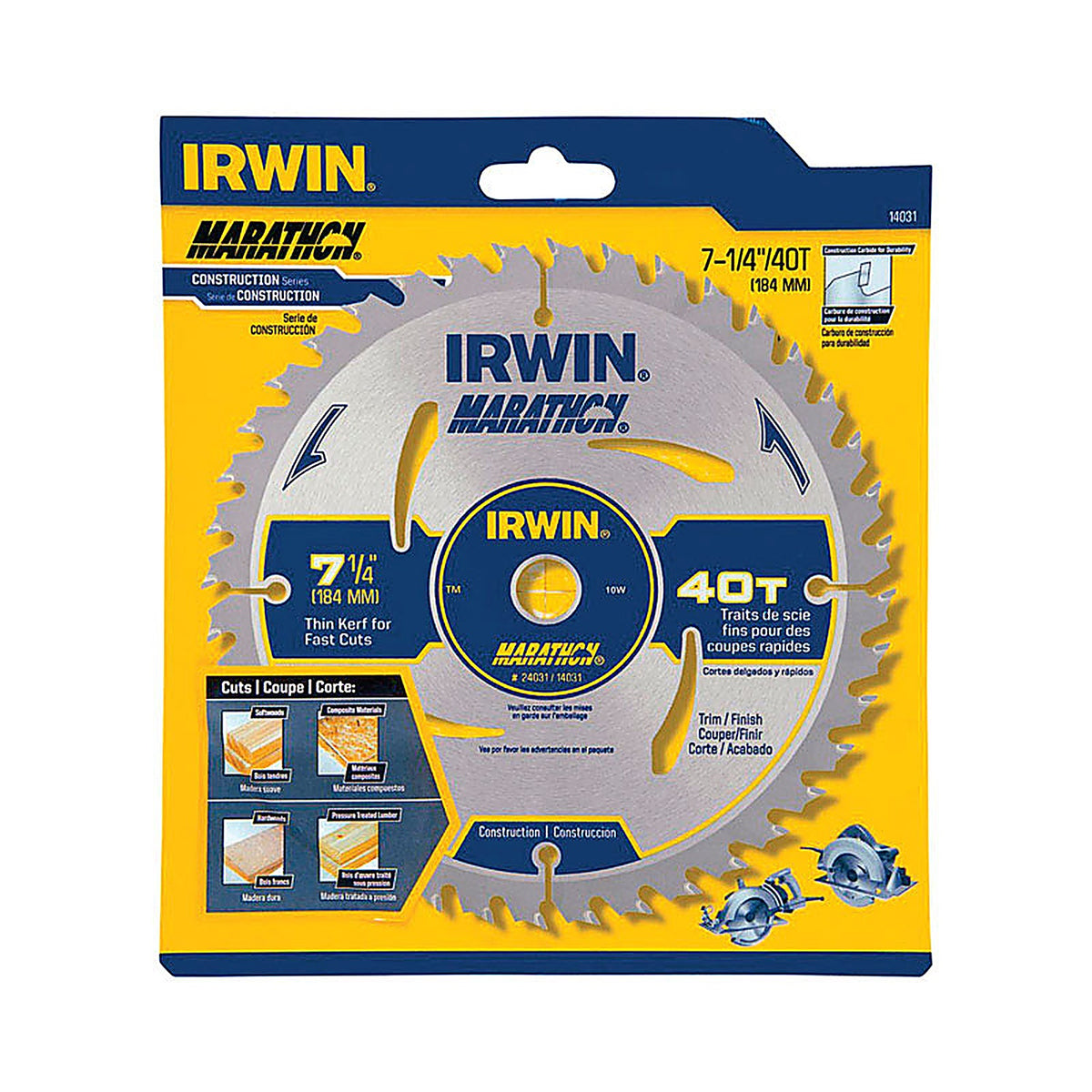 Irwin 14031 Marathon 7-1/4 in. Dia. x 5/8 in. Carbide Circular Saw Blade 40 teeth 1/Pack
