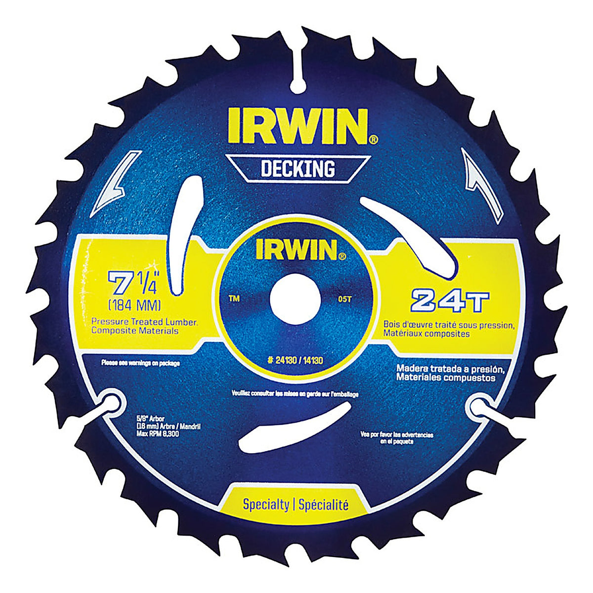 Irwin 14130 Marathon 7-1/4 in. Dia. x 5/8 in. Carbide Circular Saw Blade 24 teeth 1/Pack