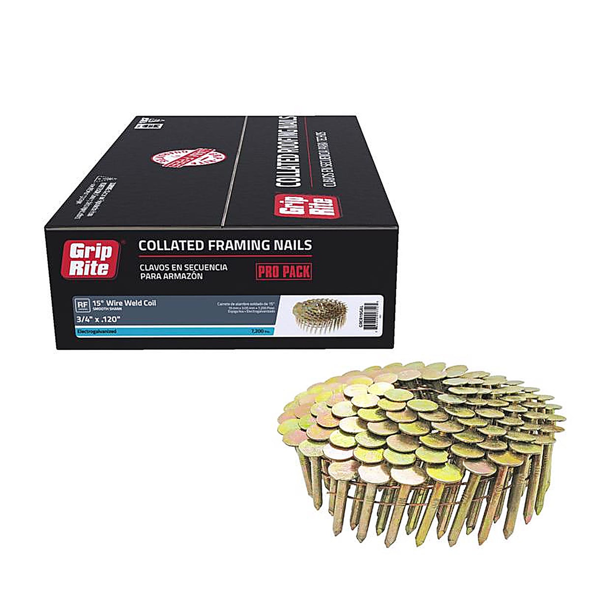Grip-Rite GRCR19GAL 3/4 in. 11 Ga. Angled Coil Roofing Nails 15 deg. Smooth Shank 7200/Pack