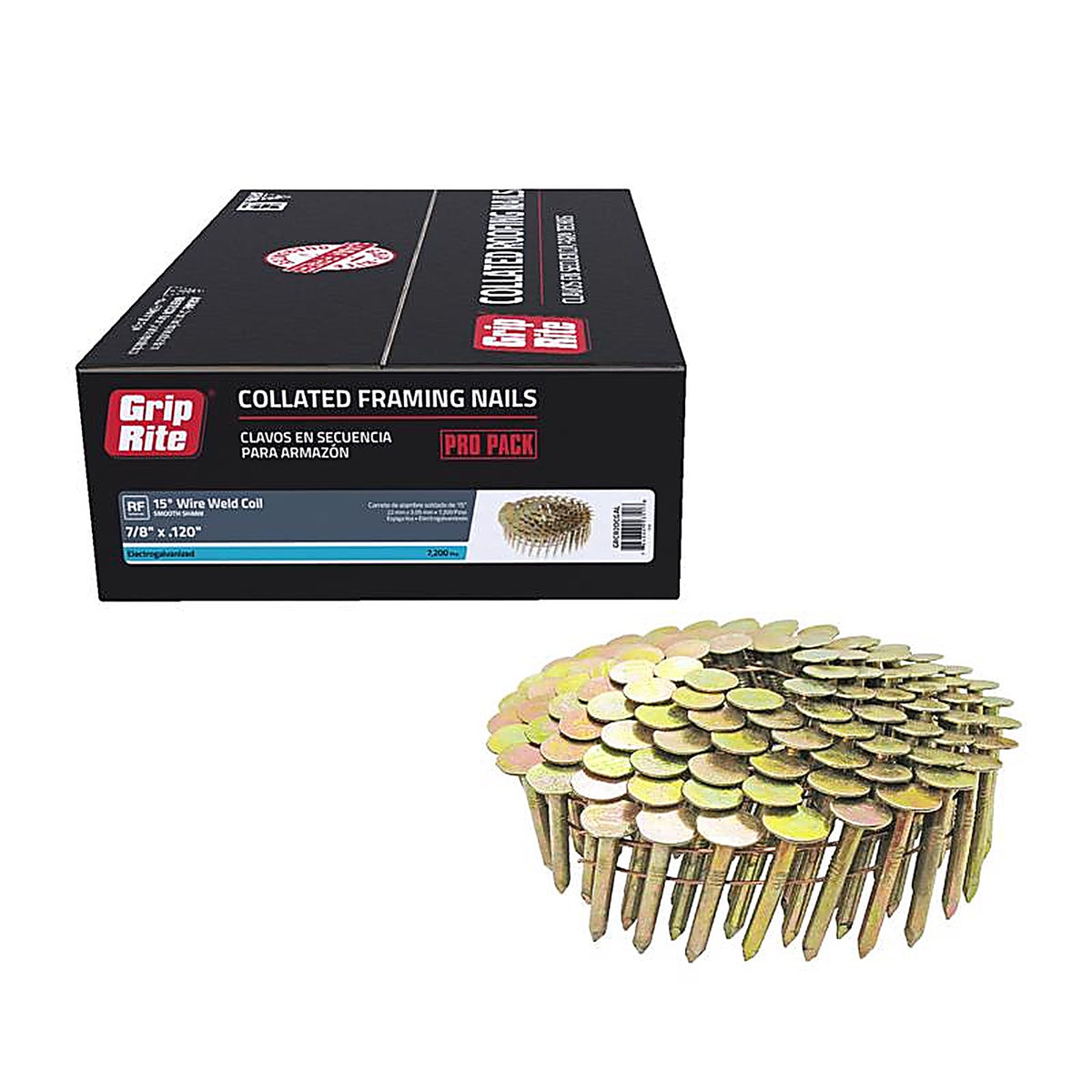 Grip-Rite GRCR2DCGAL 7/8 in. 11 Ga. Angled Strip Roofing Nails 15 deg. Smooth Shank 7200/Pack