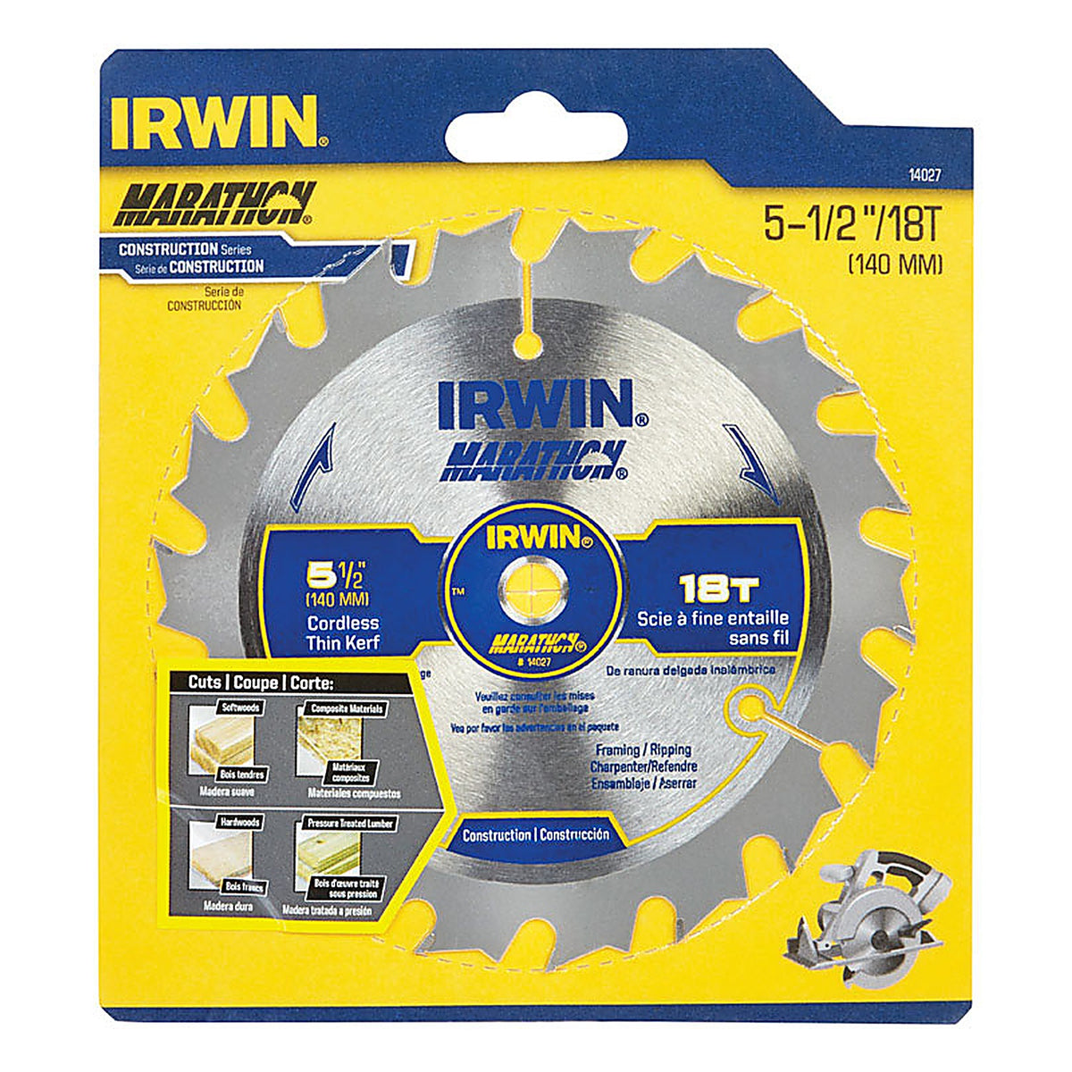 Irwin 14027 Marathon 5-1/2 in. Dia. Carbide Circular Saw Blade 18 teeth 1/Pack