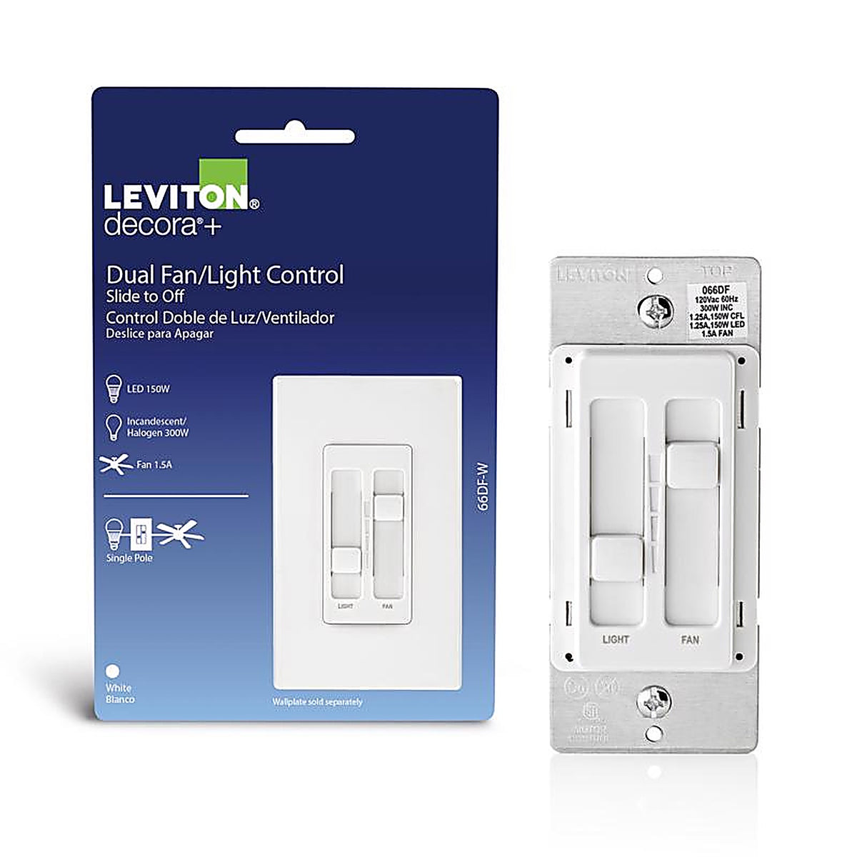 Leviton 66DF-W Decora SureSlide White Fan/LED Dimmer Slide Switch 1/Pack