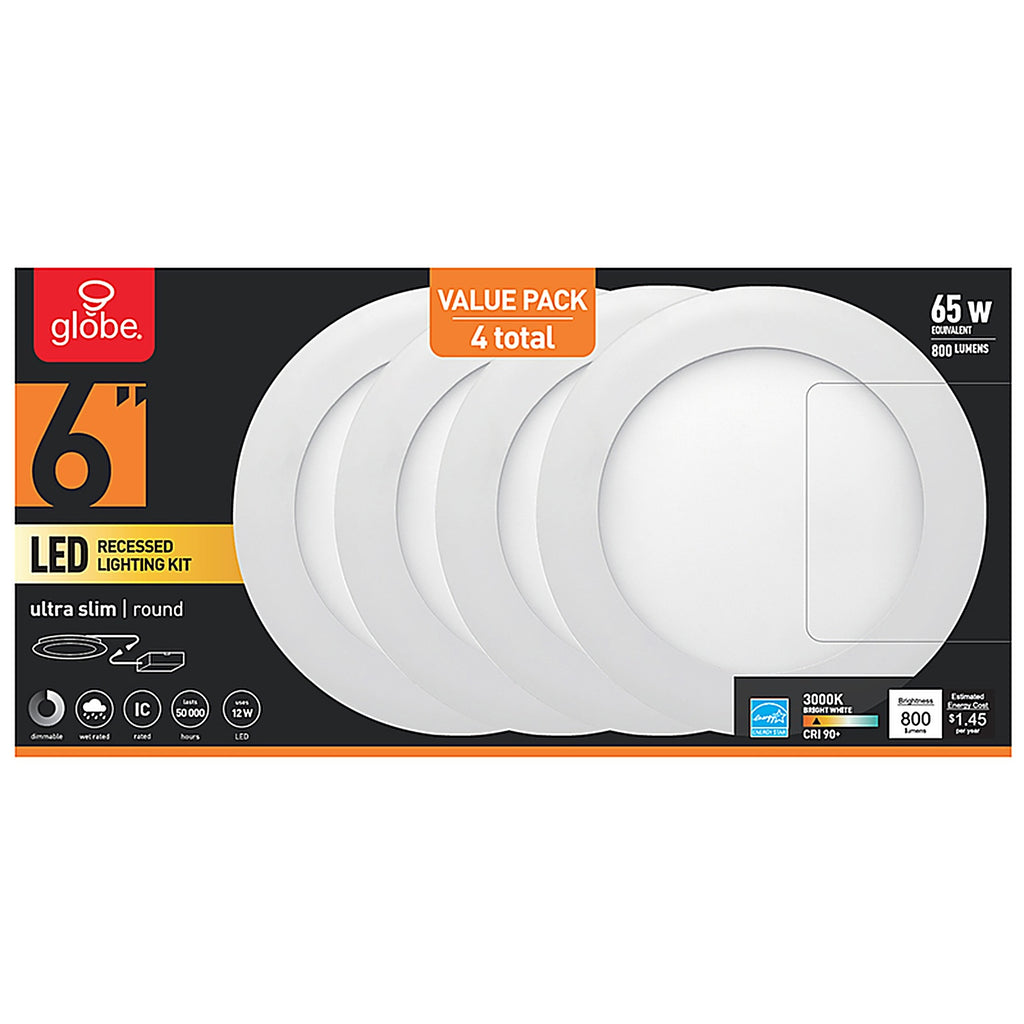 Globe Electric 91494 Ultra Slim Energy Star White 6 in. W Aluminum LED Recessed Lighting Kit 12 watt