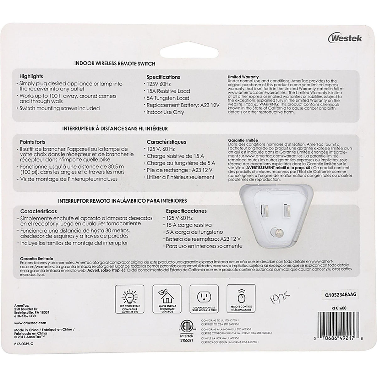 Westek RFK1600LC AmerTac 15 amps Toggle Switch White 1/Pack