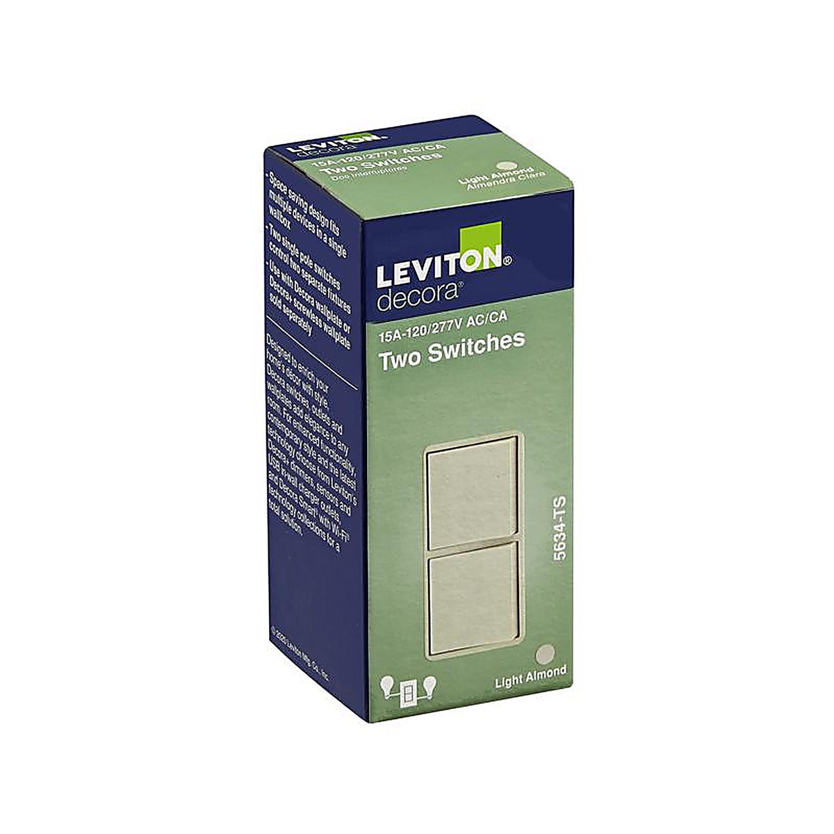 Leviton 05634-0TS Decora 15 amps Single Pole Combination AC Quiet Switch Light Almond 1/Pack