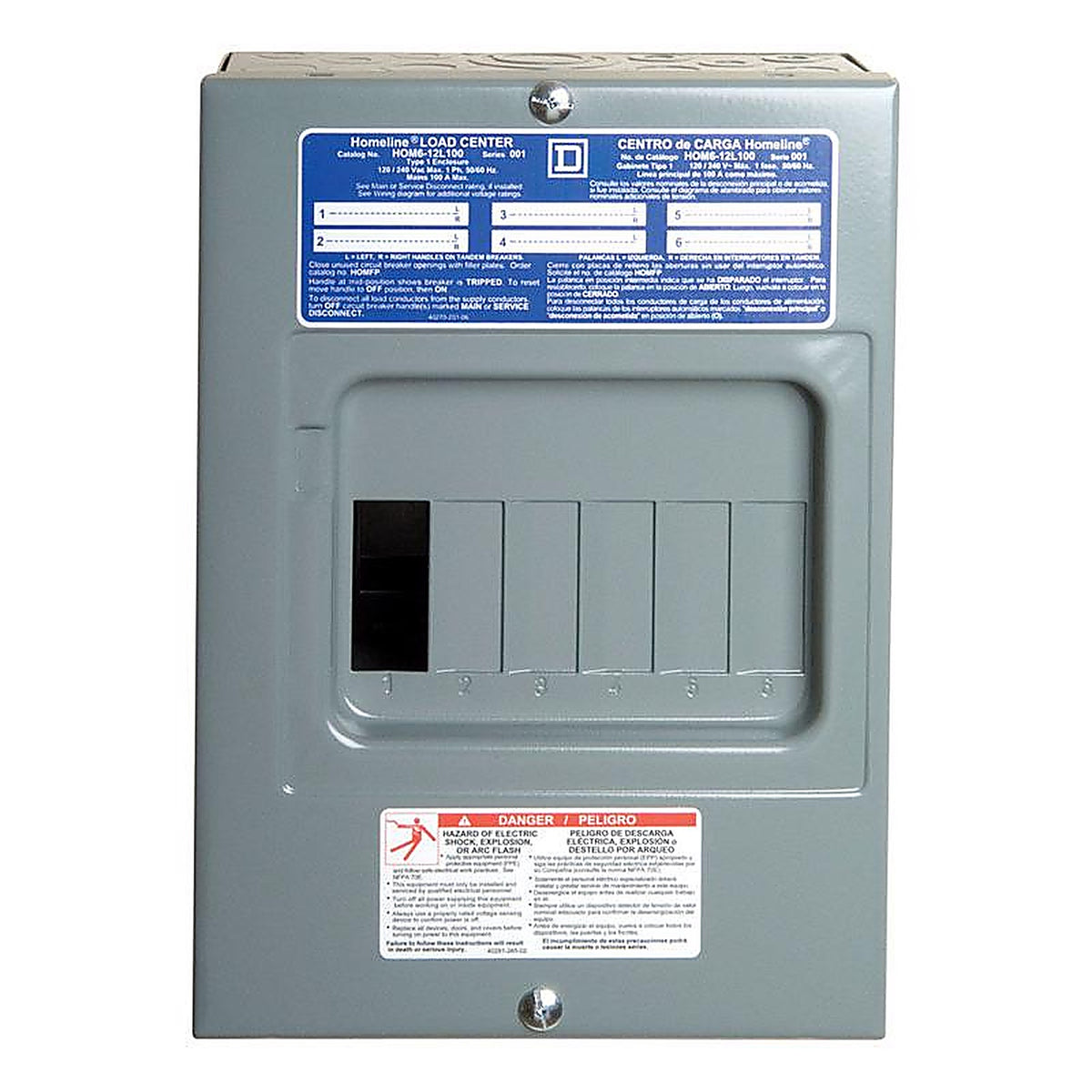 Square D HOM612L100SCP HomeLine 100 amps 120/240 volt 6 space 12 circuits Surface Mount Main Lug Load Center