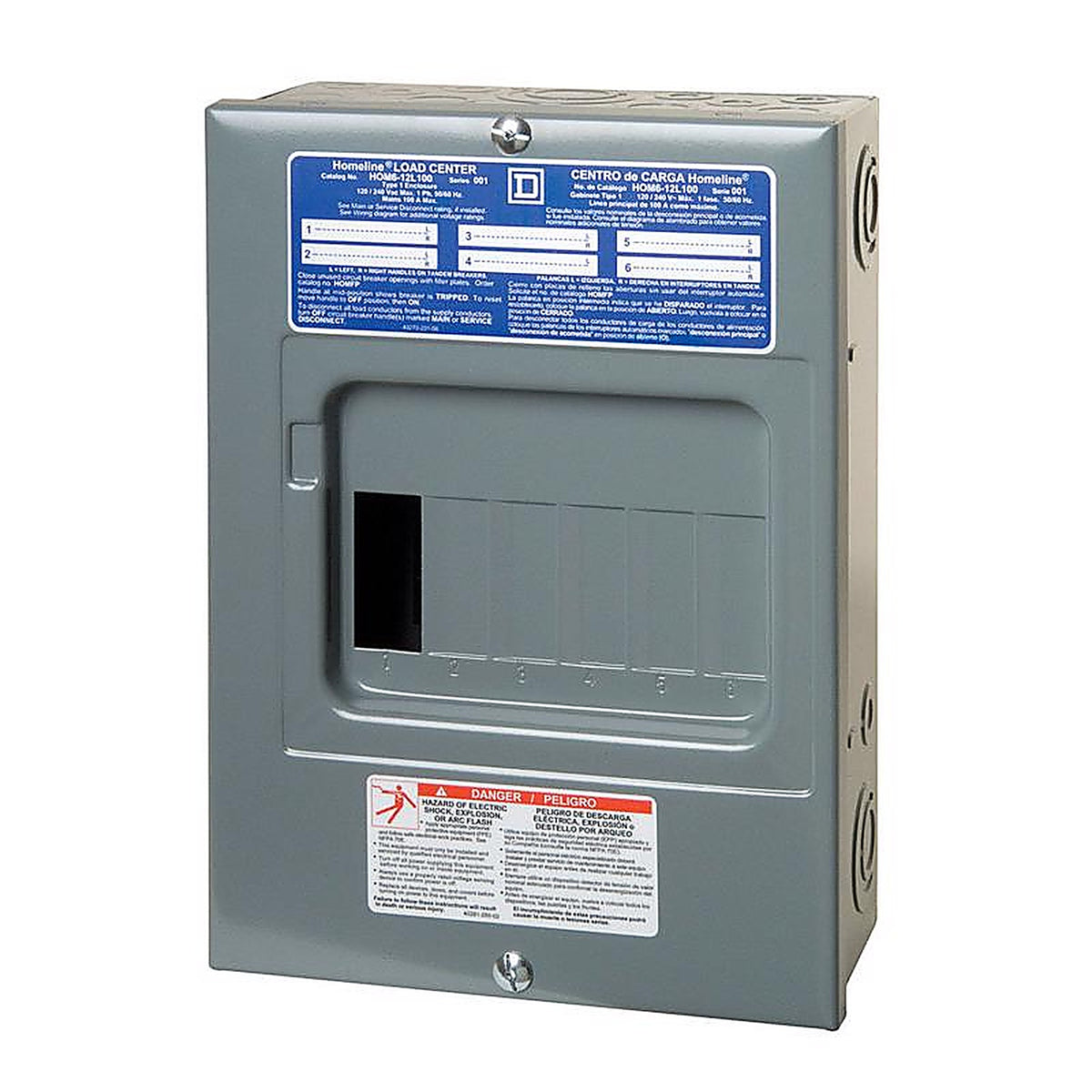 Square D HOM612L100SCP HomeLine 100 amps 120/240 volt 6 space 12 circuits Surface Mount Main Lug Load Center