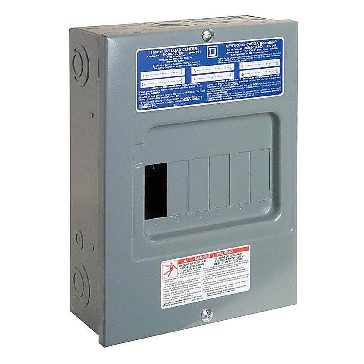 Square D HOM612L100SCP HomeLine 100 amps 120/240 volt 6 space 12 circuits Surface Mount Main Lug Load Center