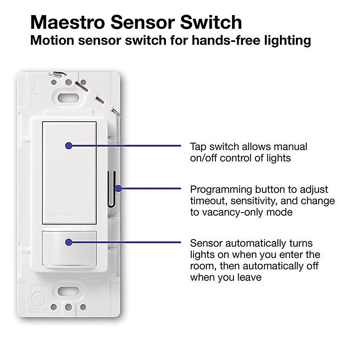 Lutron MS-OPS2H-WH Maestro Occupancy Single pole Motion Sensor Switch White 1/Pack