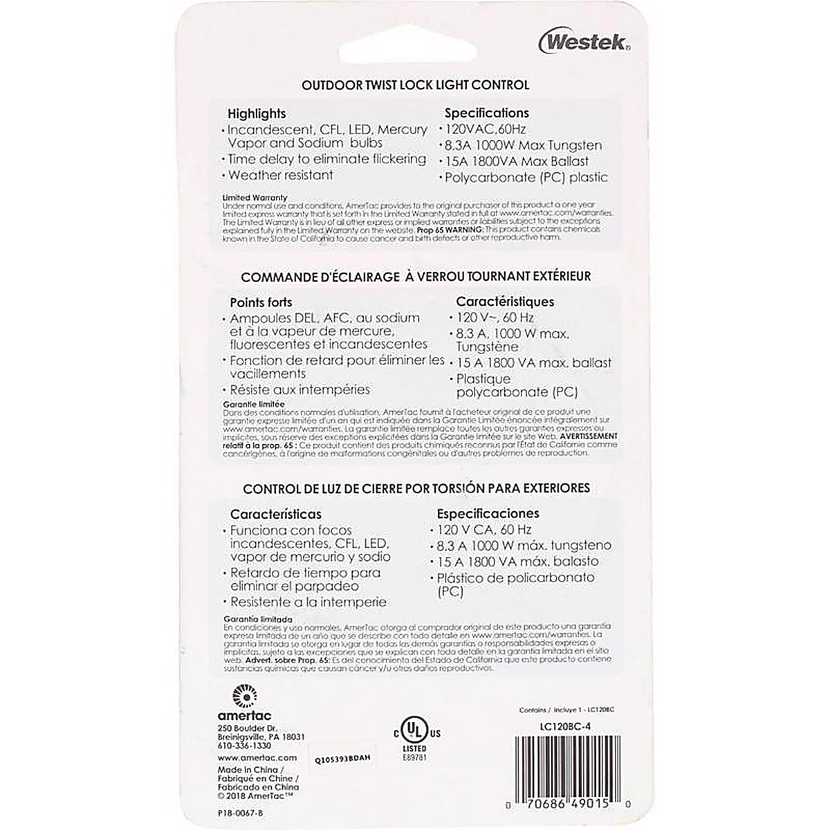 Westek LC120BC-4 Amertac AmerTac Black Photoelectric Twist Lock Light Control 1/Pack