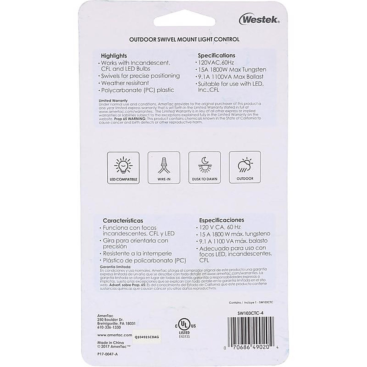 Amertac SW103CTC-4 Black Photoelectric Swivel Eye Light Control 1/Pack