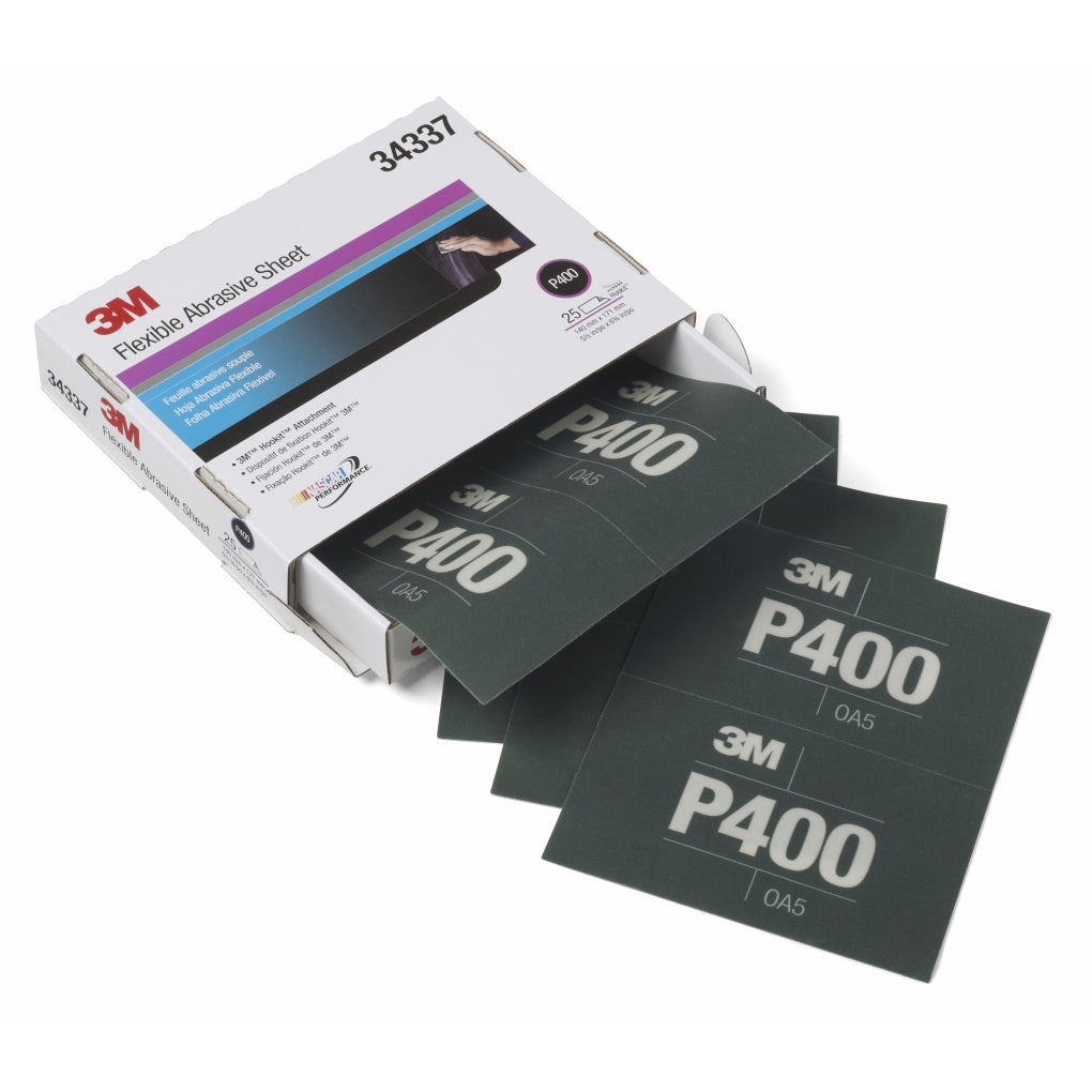 3M 34337 Flexible Abrasive Hookit Sheet, 34337, 5.5 in x 6.8 in, P400, 25 sheets per box