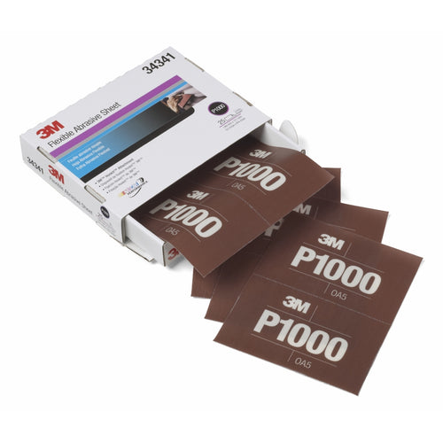 3M 34341 Flexible Abrasive Hookit Sheet, 34341, 5.5 in x 6.8 in, P1000, 25 sheets per box 60455070023