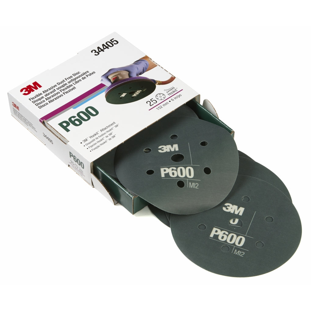 3M 34405 Hookit Flexible Abrasive Disc Dust Free, 34405, P600, 6 in 7H, 25 disc per box 60455072656