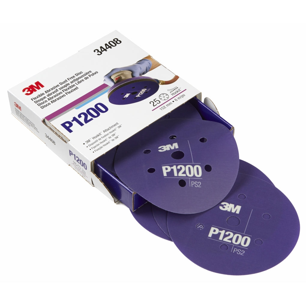 3M 34408 Hookit Flexible Abrasive Disc Dust Free, 34408, 6 in, P1200, 7H, 25 disc per box 60455072680