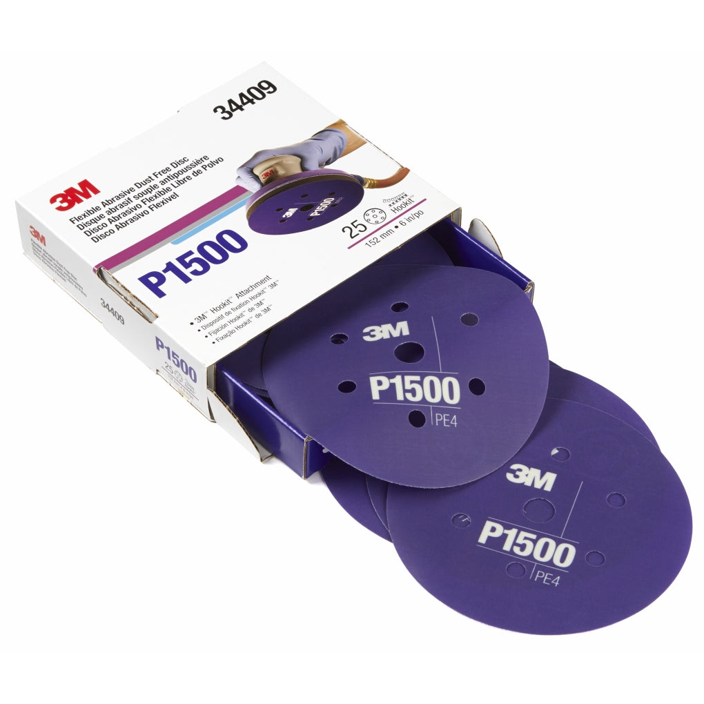 3M 34409 Hookit Flexible Abrasive Disc Dust Free, 34409, P1500, 6 in 7H, 25 disc per box 60455072698