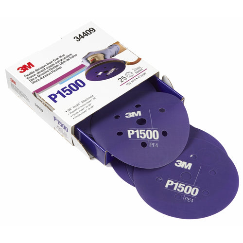 3M 34409 Hookit Flexible Abrasive Disc Dust Free, 34409, P1500, 6 in 7H, 25 disc per box 60455072698