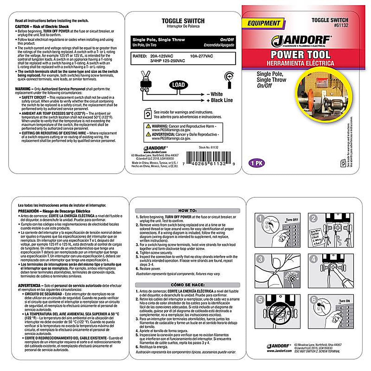 Jandorf 61132 20 amps Single Pole Toggle Power Tool Switch Silver 1/Pack