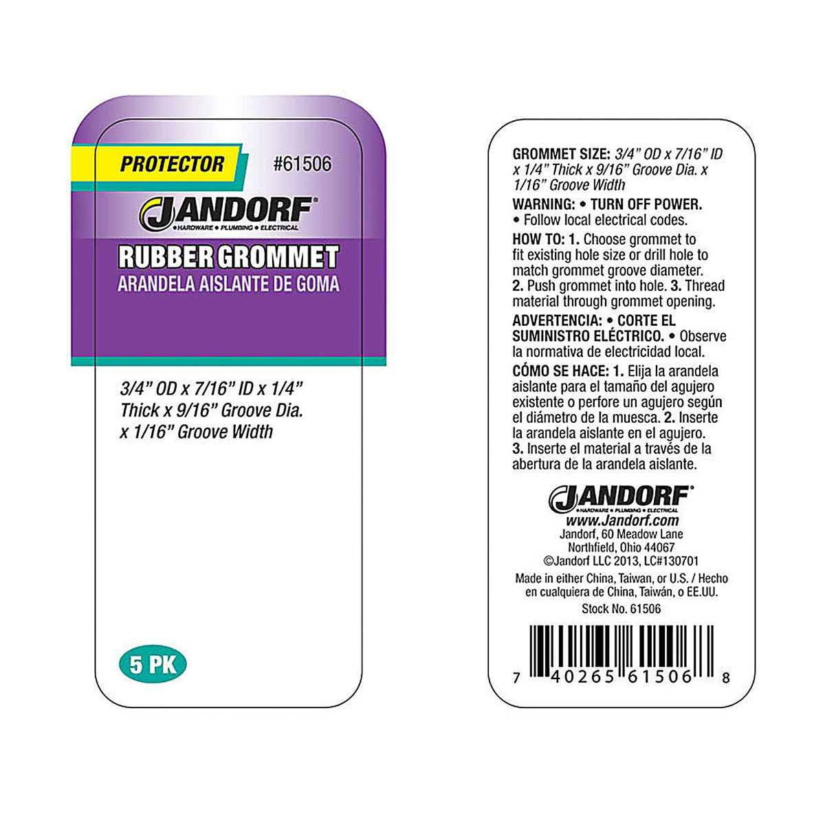 Jandorf 61506 3/4 in. Dia. Rubber Grommet 5/Pack
