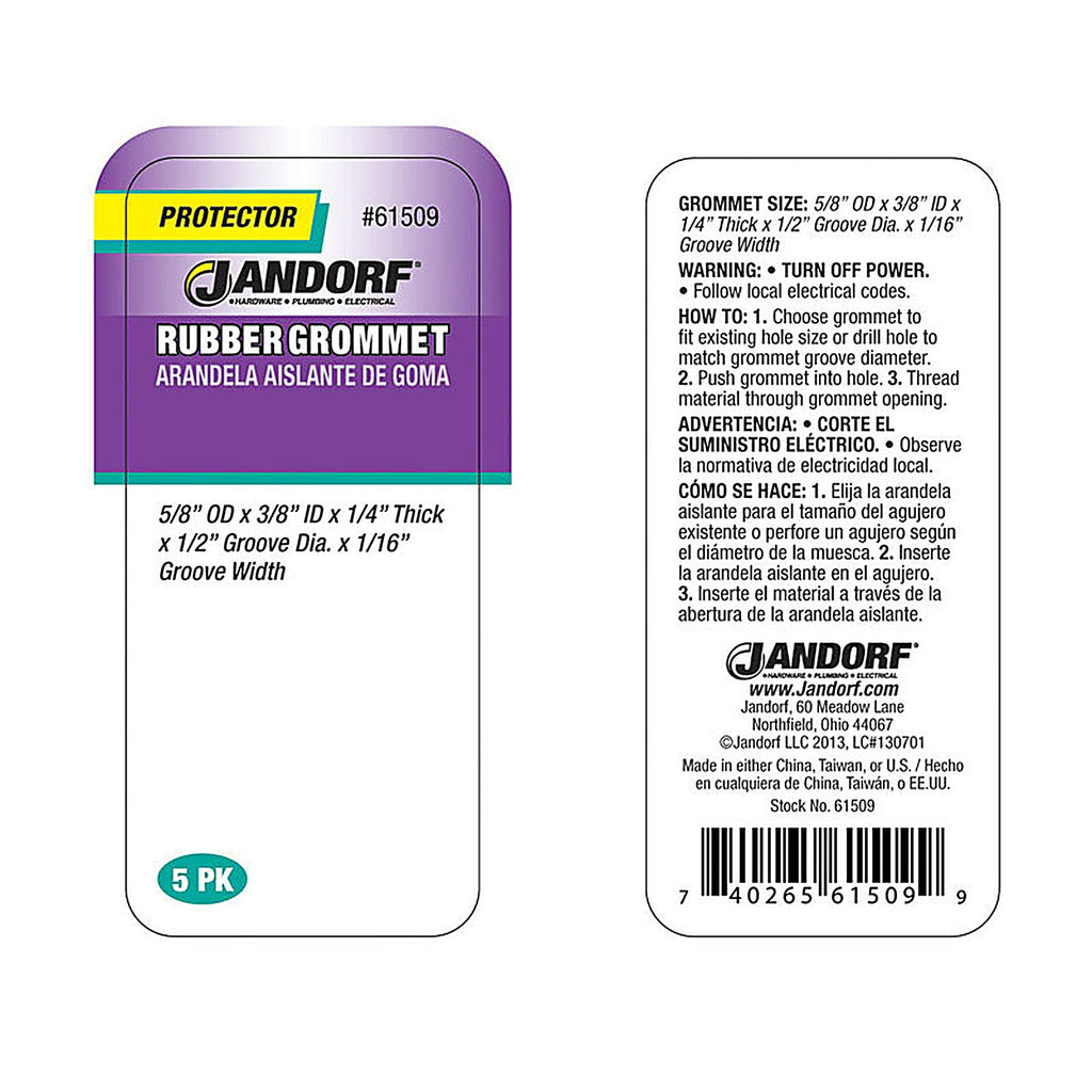 Jandorf 61509 5/8 in. Dia. Rubber Grommet 5/Pack