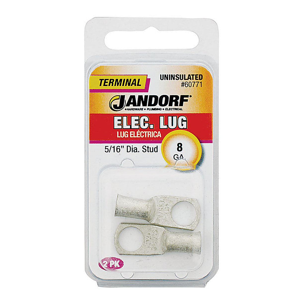 Jandorf 60771 8 Ga. Uninsulated Wire Electrical Lug Silver 2/Pack