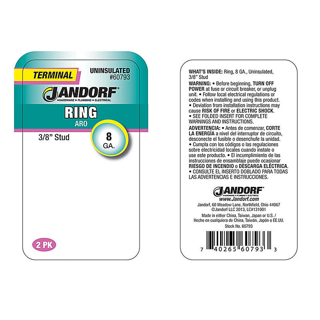 Jandorf 60793 8 Ga. Insulated Wire Terminal Ring Silver 2/Pack