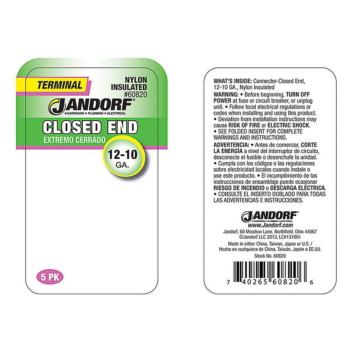 Jandorf 60820 12-10 Ga. Insulated Wire Terminal Closed End Clear 5/Pack