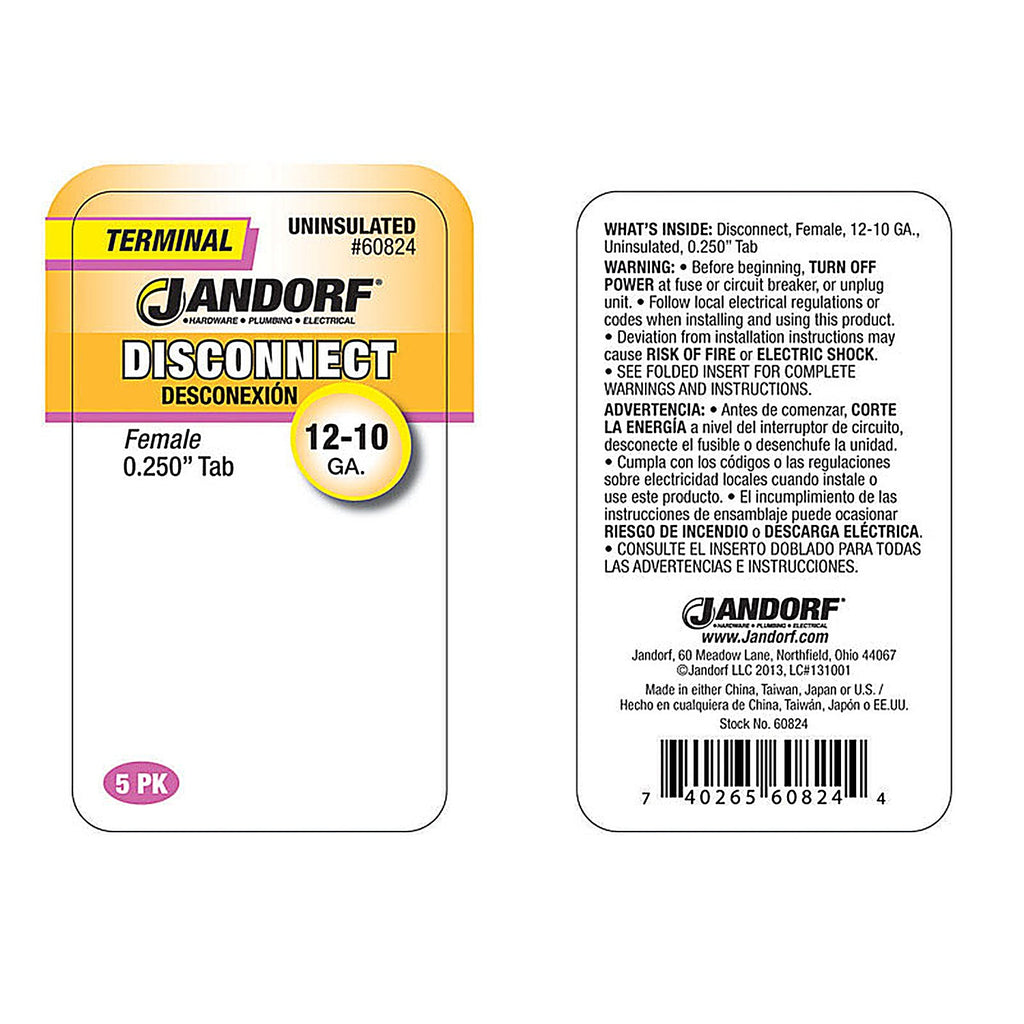 Jandorf 60824 12-10 Ga. Uninsulated Wire Female Disconnect Silver 5/Pack