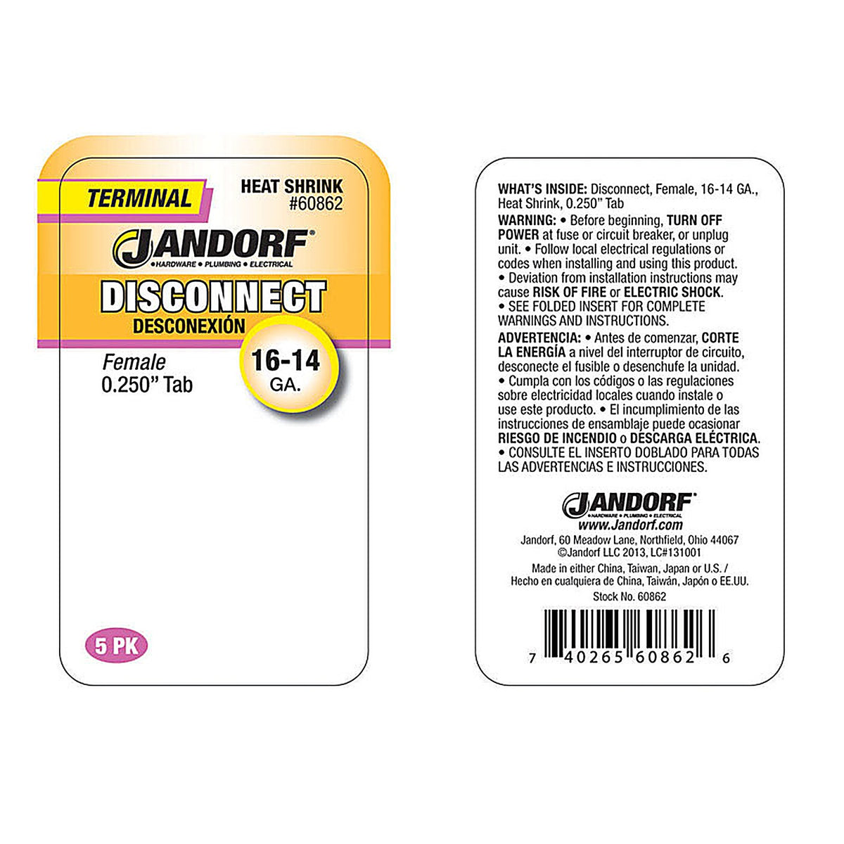 Jandorf 60862 16-14 Ga. Insulated Wire Female Disconnect Blue 5/Pack