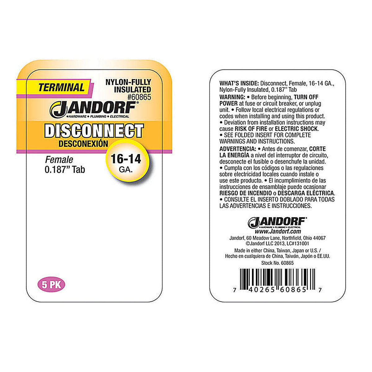 Jandorf 60865 16-14 Ga. Insulated Wire Female Disconnect Blue 5/Pack