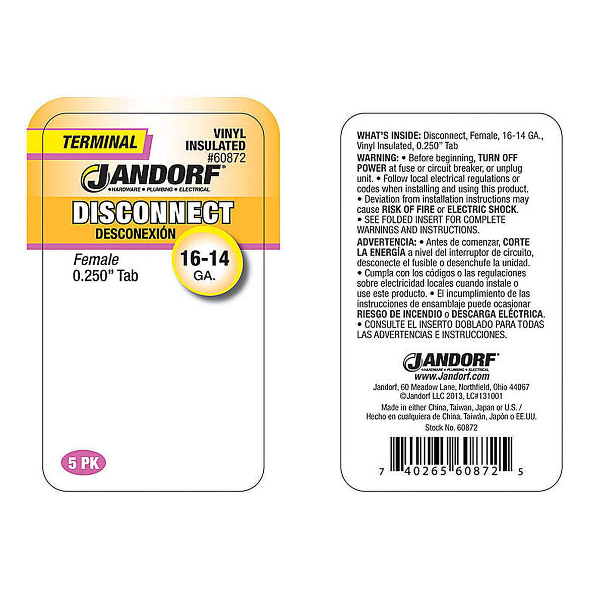 Jandorf 60872 16-14 Ga. Insulated Wire Female Disconnect Blue 5/Pack