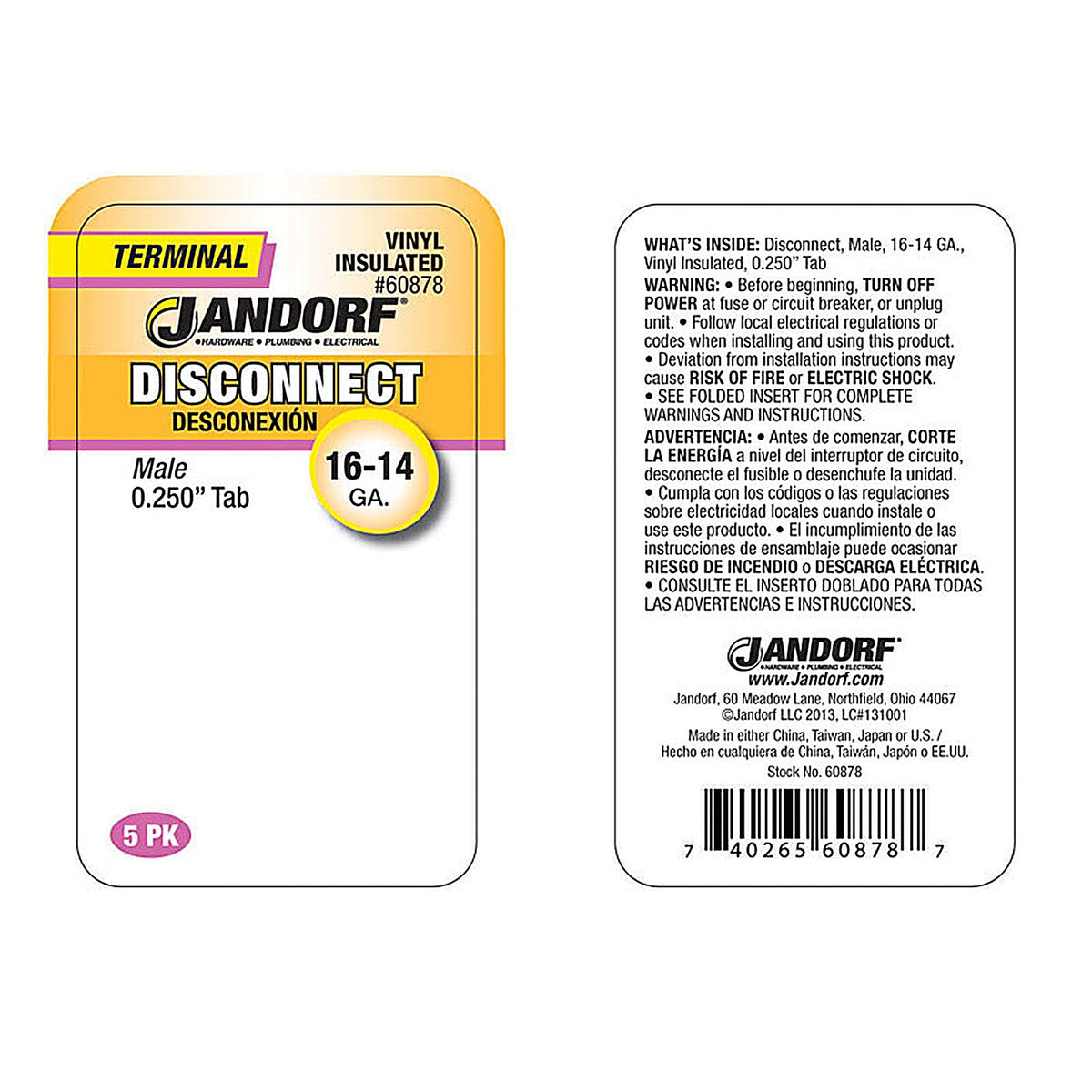 Jandorf 60878 16-14 Ga. Insulated Wire Male Disconnect Blue 5/Pack