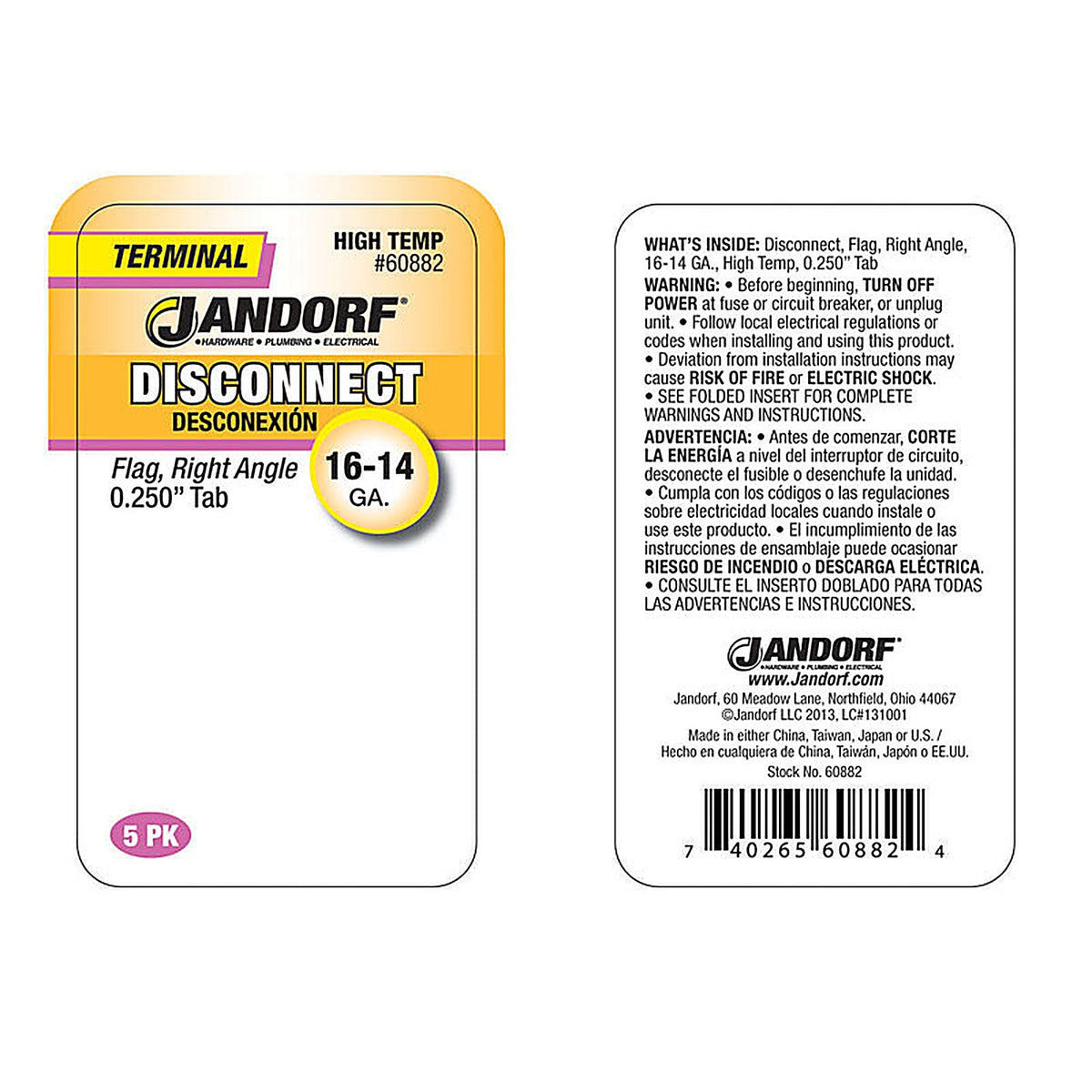 Jandorf 60882 16-14 Ga. Insulated Wire Terminal Disconnect Silver 5/Pack