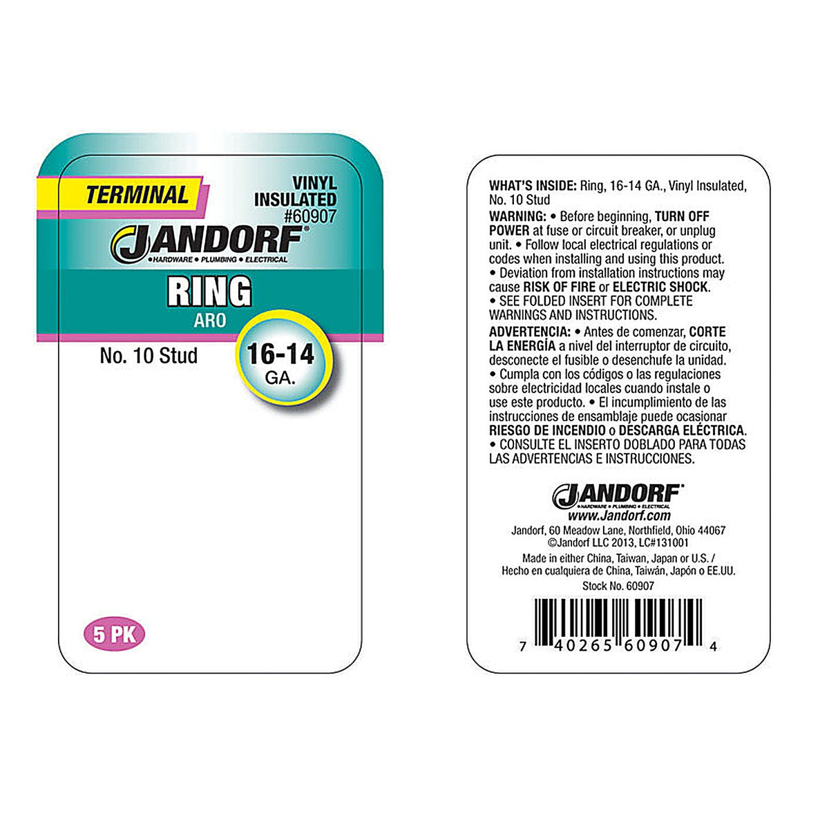 Jandorf 60907 16-14 Ga. Insulated Wire Terminal Ring Blue 5/Pack