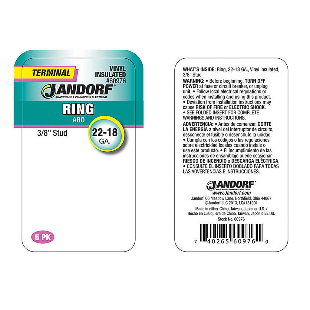 Jandorf 60976 22-18 Ga. Insulated Wire Terminal Ring Red 5/Pack