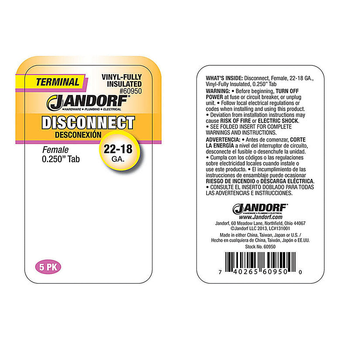 Jandorf 60950 22-18 Ga. Insulated Wire Female Disconnect Red 5/Pack