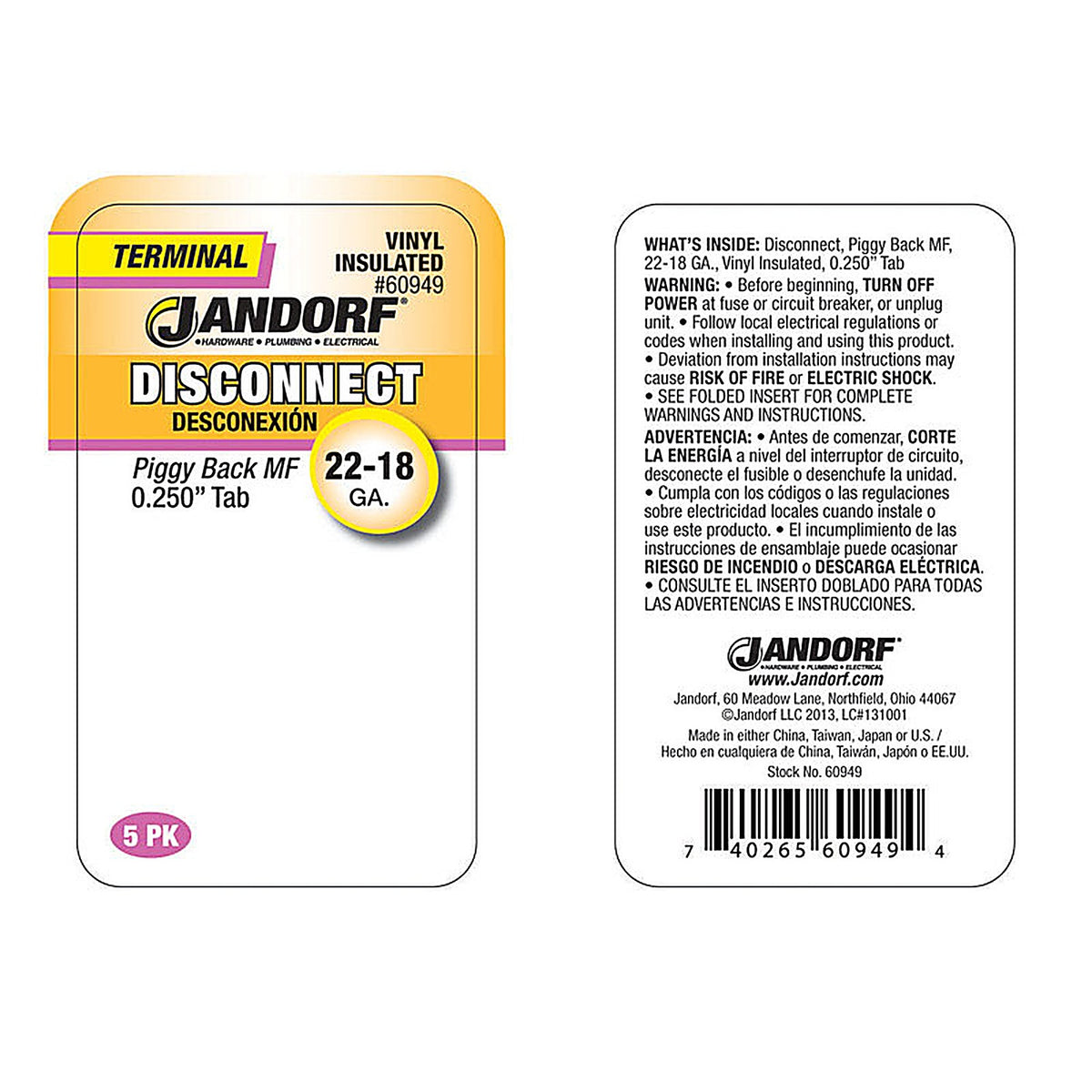 Jandorf 60949 22-18 Ga. Insulated Wire Terminal Disconnect Red 5/Pack
