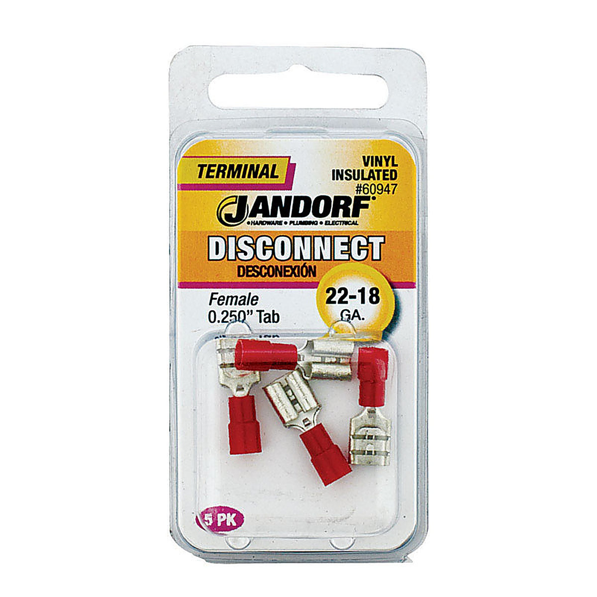 Jandorf 60947 22-18 Ga. Insulated Wire Female Disconnect Red 5/Pack