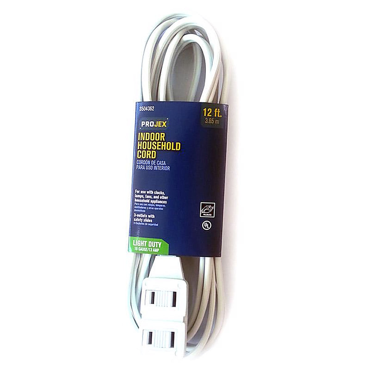 PROJEX IN162PT212WHP Indoor 12 ft. L White Extension Cord 16/2 SPT-2
