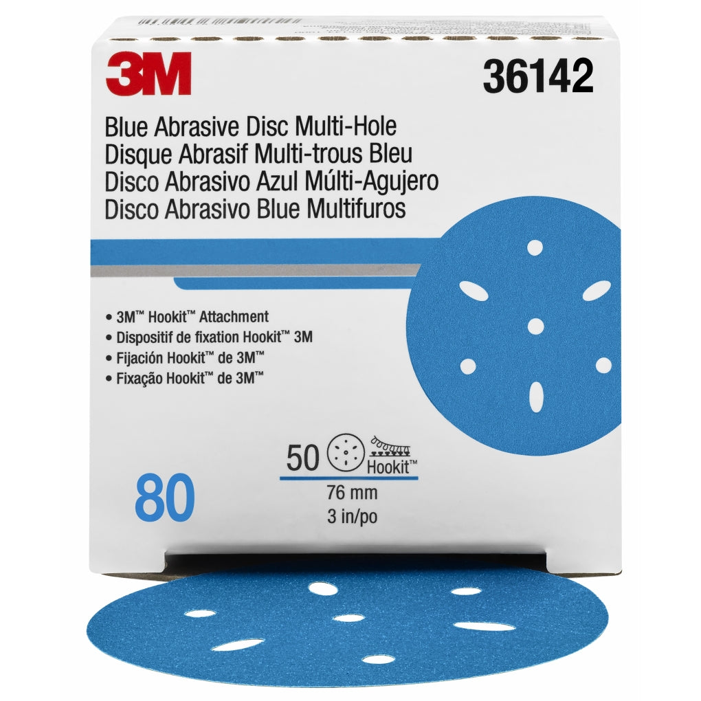3M 36142 Hookit Blue Abrasive Disc Multi-hole, 36142, 3 in, 80, 50 discs per box UU004900823
