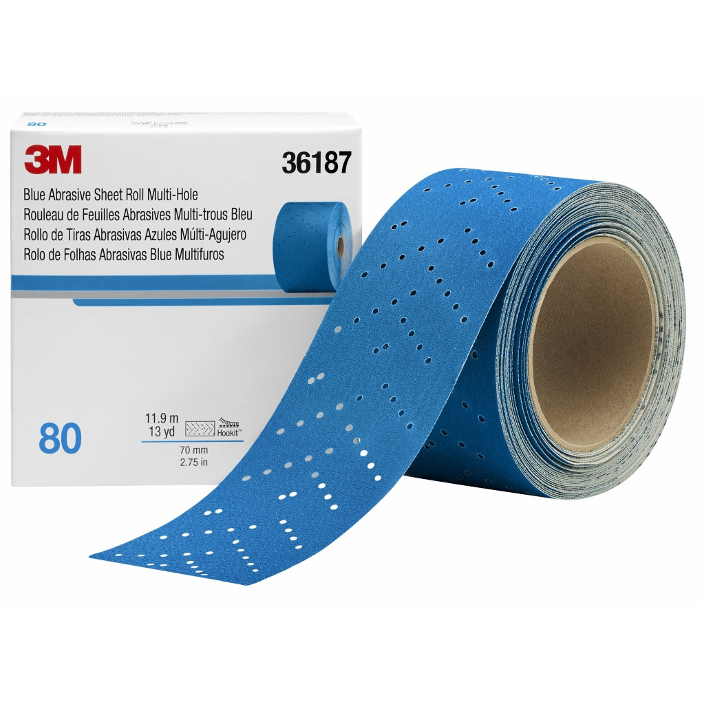 3M 36187 Hookit Blue Abrasive Sheet Roll Multi-hole 2.75 in x 13 y, 80 UU004899850