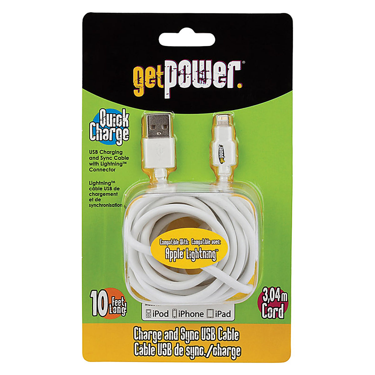 GetPower GP-XL-USB-L Lightning to USB Charge and Sync Cable 10 ft. White