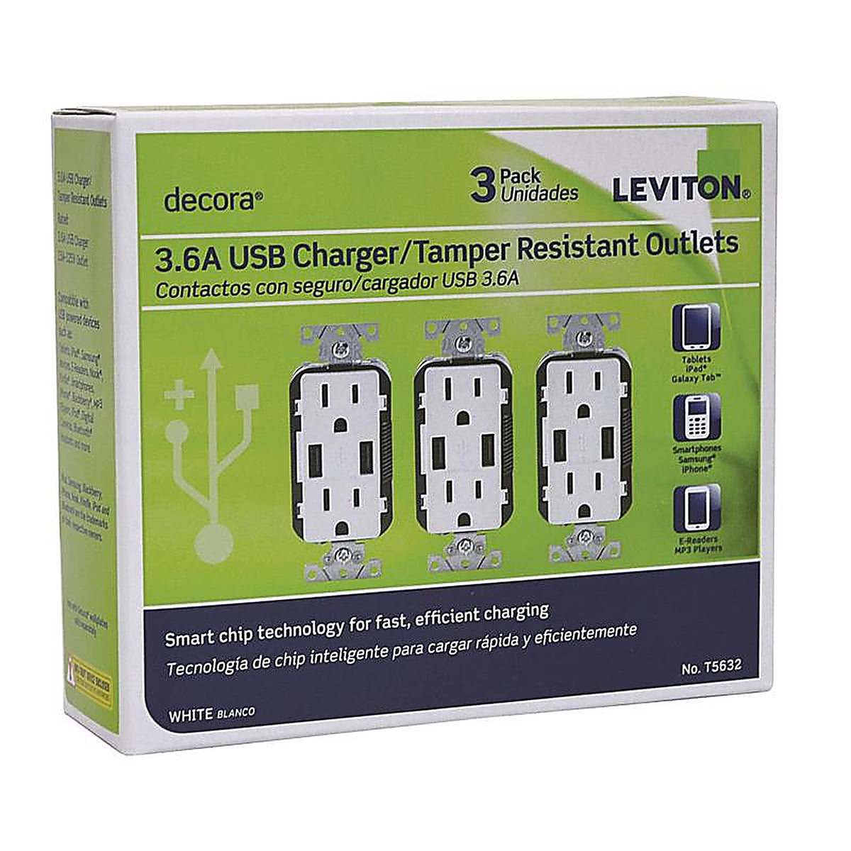 Leviton T5632-3BW Decora 15 amps 125 volt White Outlet and USB Charger 5-15R