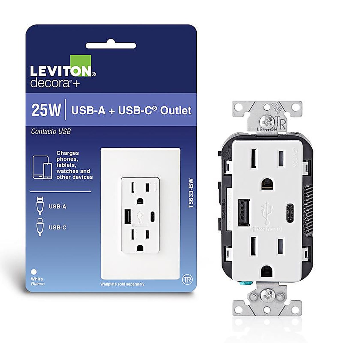 Leviton T5633-W Decora 15 amps 125 volt White Outlet and USB Charger 5-15R 1/Pack