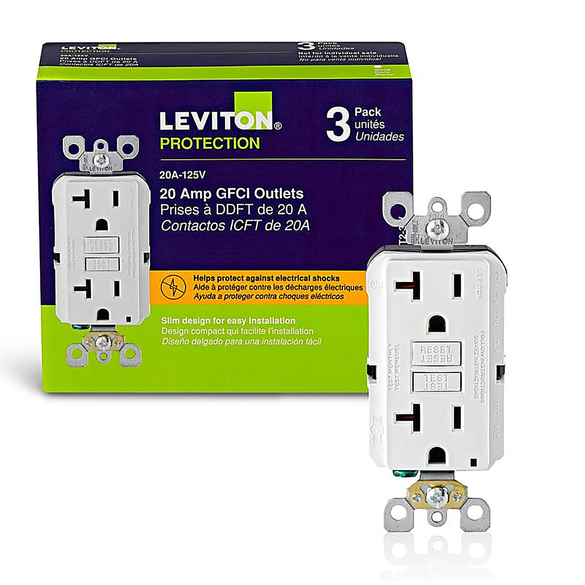 Leviton GFNT2-3W Smartlock Pro 20 amps 125 volt Duplex White GFCI Outlet 5-20R 3/Pack