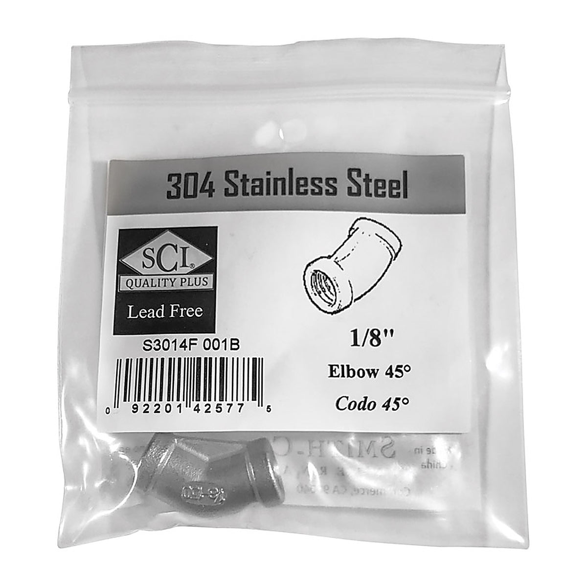 Smith-Cooper 4638100600 1/8 in. FPT x 1/8 in. Dia. FPT Stainless Steel 45 Degree Elbow