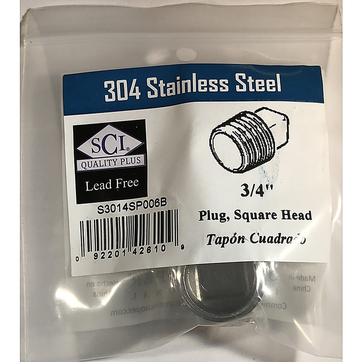 Smith-Cooper 4638102240 3/4 in. MPT Stainless Steel Square Head Plug