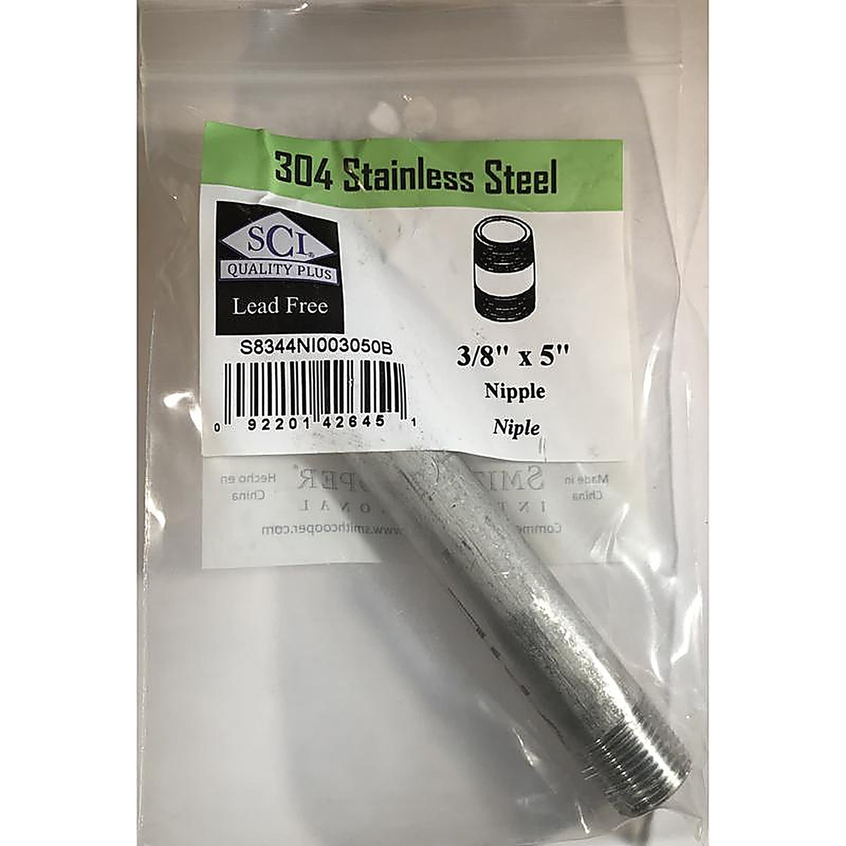 Smith-Cooper 4632100660 3/8 in. MPT x 5 in. L Stainless Steel Nipple