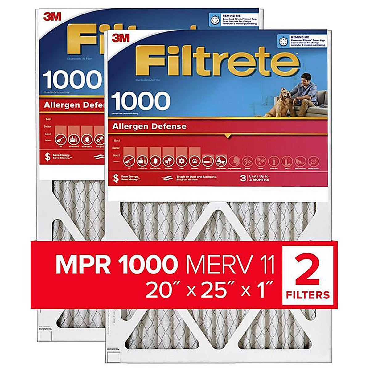 3M 9803-2PK-HDW Filtrete 20 in. W x 25 in. H x 1 in. D 11 MERV Pleated Air Filter
